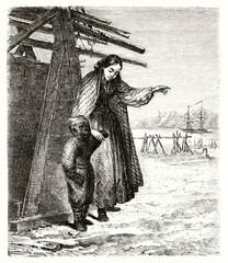 Berezovo mother and son outdoor under cold weather wearing winter clothes, Russia. Ancient grey tone etching style art by Hotelin and Hukel, Magasin Pittoresque, 1838