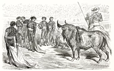 Schilderijen op glas Matador pointing sword to bull during a bullfighting in a spanish arena. Ancient grey tone etching style art by Dore, Magasin Pittoresque, 1838 © Mannaggia