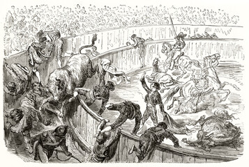 bull jumps on the tribune sowing panic during bullfighting match. Matador loses control of situation. Ancient grey tone etching style art by Dore, Magasin Pittoresque, 1838