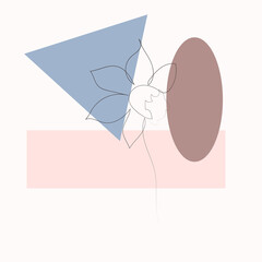 One line with minimal shapes, patterns, tropical leaves and flower. Abstract illustration for fashion design, modern cover, template in minimal flat style