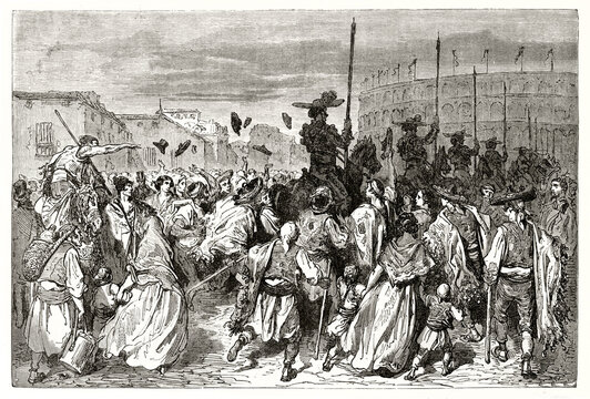 Acclaimed By Noisy Merry Crowd Picadores Going To The Arena, Spain. Ancient Grey Tone Etching Style Art By Dore, Magasin Pittoresque, 1838