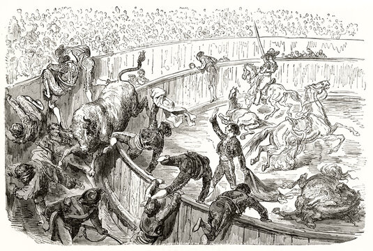 bull jumps on the tribune sowing panic during bullfighting match. Matador loses control of situation. Ancient grey tone etching style art by Dore, Magasin Pittoresque, 1838