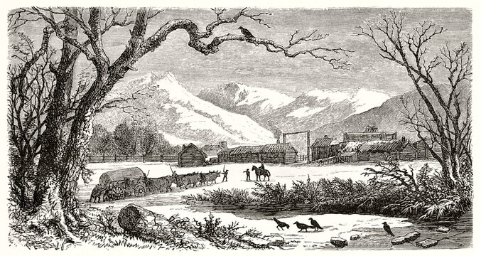 Caravan arrival in Camp Floyd, Utah. Little wooden town surrounded by winter landscape and mountains in the distance. Ancient grey tone etching style art by Ferogio, Magasin Pittoresque, 1838