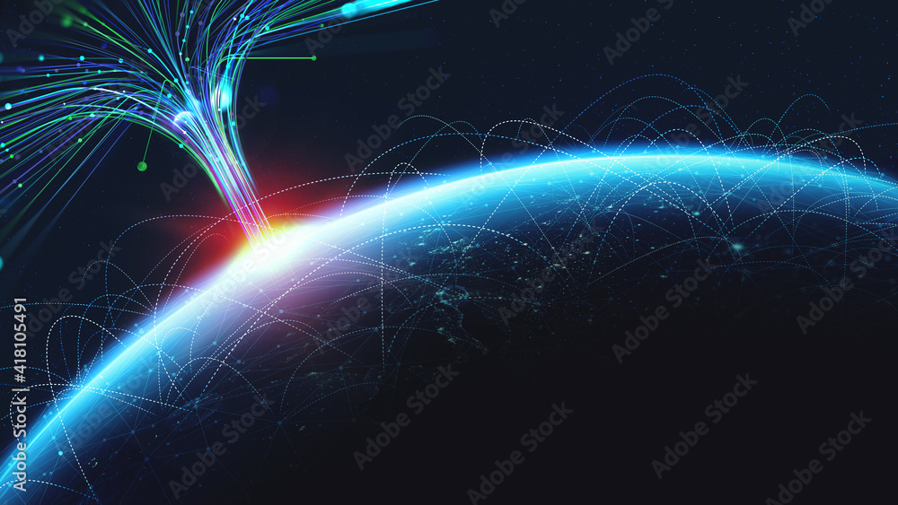 Poster Earth view from space. Global network. Blockchain technology. Planet and communication. Future world 3D illustration. Elements of this image are furnished by NASA