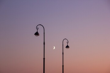 The moon between street lights