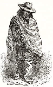 peruvian Chacarero (farmer). Full body displayed in traditional clothes, poncho and straw hat. Ancient grey tone etching style art by Riou, Magasin Pittoresque, 1838