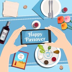 Passover dinner table with Traditional plate, matzo, wine. Vector illustration background top view with hands holding smartphone, taking picture. Passover Haggadah, Happy and kosher Passover in Hebrew