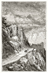 small horseback people walking among uphill path in Col du Perthus mountain, France. Stronghold ruins along the road. Ancient grey tone etching style art by Dore, Magasin Pittoresque, 1838