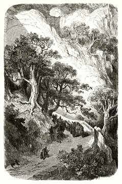 uphill path among nature in Col du Perthus mountain, France, and old transports on it. Ancient grey tone etching style art by Dore, Magasin Pittoresque, 1838