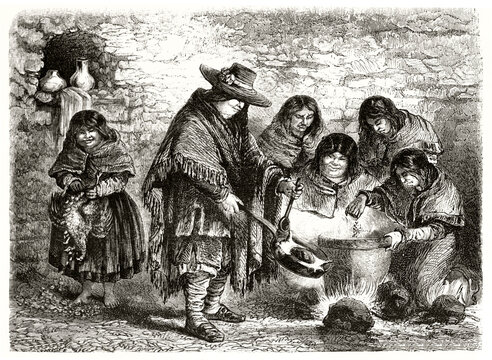 Quechua people cooking traditional meal using a ceramic pot in a poor hut in Aguas Calientes, Peru. Ancient grey tone etching style art by Riou and Maurand, Magasin Pittoresque, 1838