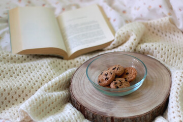 Fototapeta na wymiar Bowl of chocolate chip cookies, wooden tray, open book and knitted blanket at home. Selective focus. 