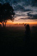 Fototapeta na wymiar hand on the background of the sunset sky