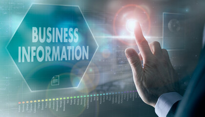 A businessman controlling a futuristic display with a Business Information business concept on it.