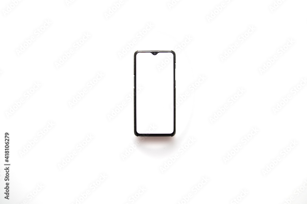 Poster top view of a new smartphone with a copy space on the screen isolated on a white background