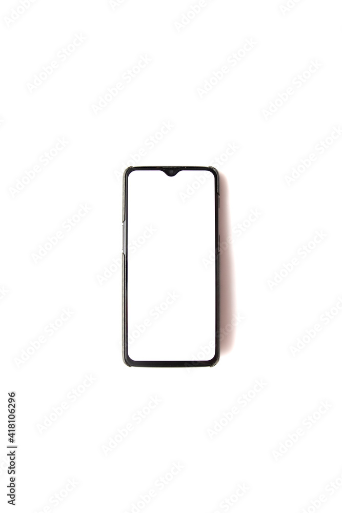 Poster top view of a new smartphone with a copy space on the screen isolated on a white background