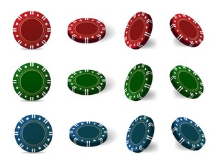 Multi-colored casino chips for poker or roulette. Elements for logo, website, banner, flyer. Vector illustration isolated on white background.