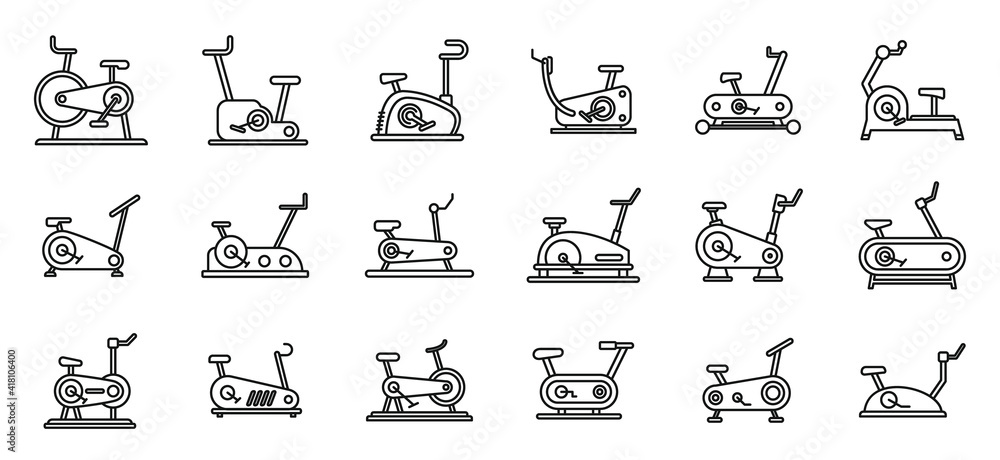 Poster modern exercise bike icons set. outline set of modern exercise bike vector icons for web design isol