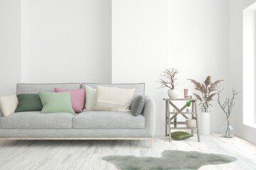 White living room with sofa. Scandinavian interior design. 3D illustration