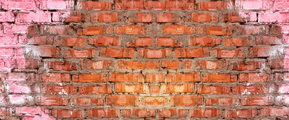 Grungy Red Brick Wall With Pink Paint Splatter Panorama. Street Urban Art Facade Background Material. Abstract Panoramic Concrete Surface With Vivid Painted Splash Large Banner.
