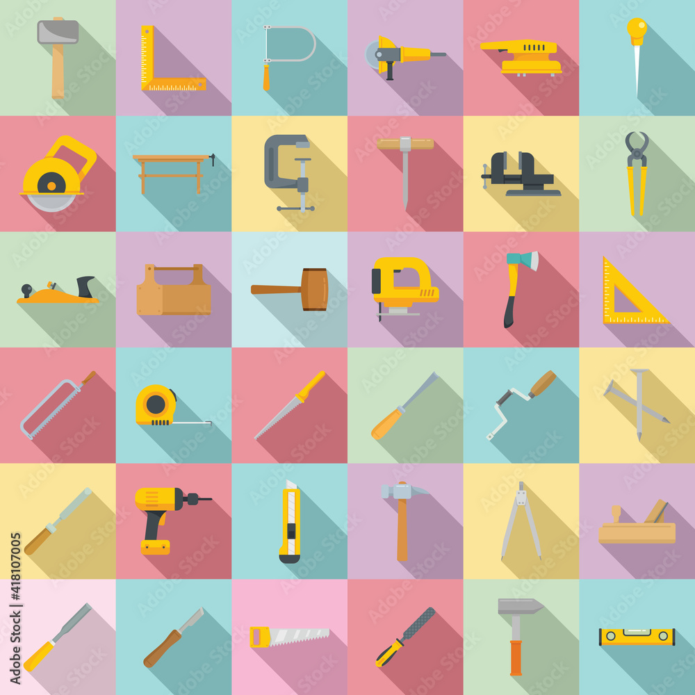 Poster carpenter tools icons set. flat set of carpenter tools vector icons for web design