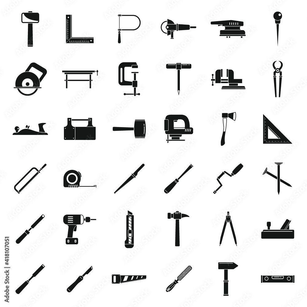 Poster modern carpenter tools icons set. simple set of modern carpenter tools vector icons for web design o