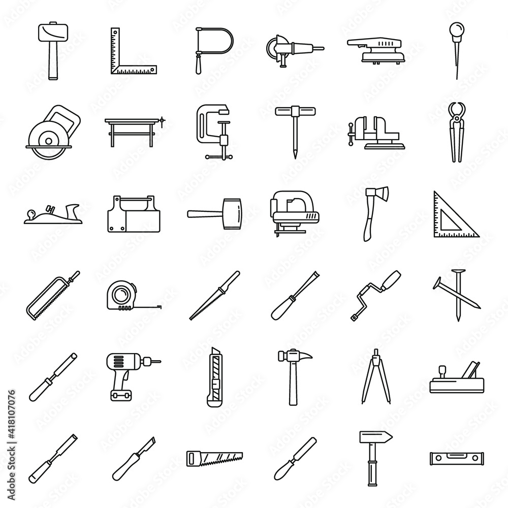 Poster work carpenter tools icons set. outline set of work carpenter tools vector icons for web design isol