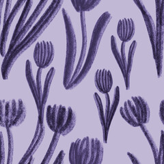 Blue pencil drawing tulips with leaves on blue background. Seamless pattern. Print, packaging, fabric, textile, kitchen design