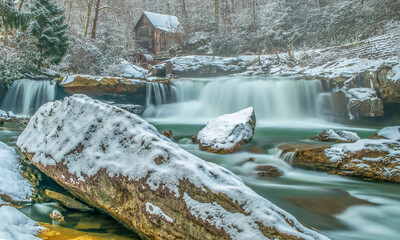 Glade Creek Grist Mill in Winter at Babcock State Park in West Virginia © larryknupp