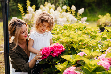 Mom introduces her daughter to beautiful hydrangeas