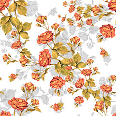 Watercolor seamless pattern with autumn flowers rose on white background.
