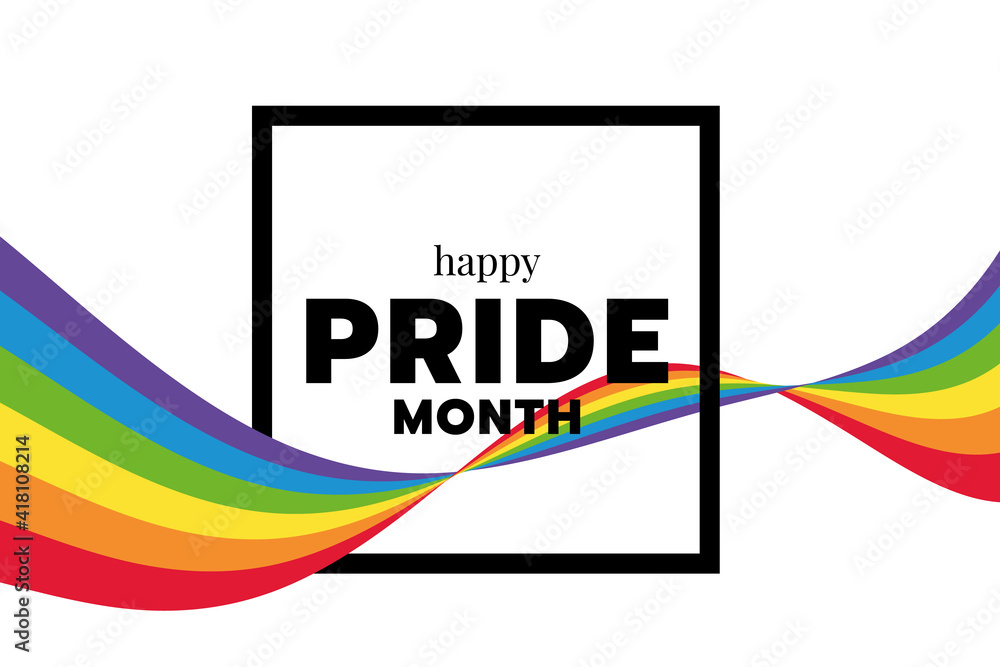 Poster happy pride month text word in square frame and rainbow flag wave around vector design