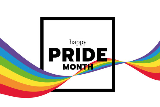Happy pride month text word in Square frame and rainbow flag wave around vector design