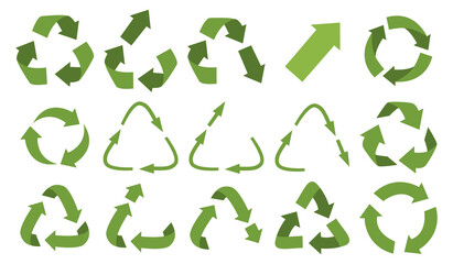 Vector recycling, upcycling and downcycling signs, isolated on white background. Green reuse symbols for ecological design. Zero waste lifestyle. - 418108668