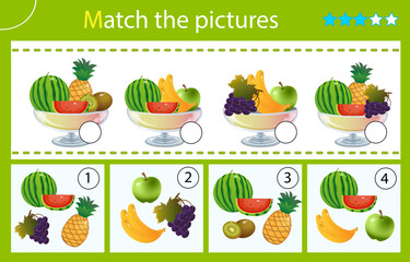Matching game, education game for children. Puzzle for kids. Match by elements. Vases with fruits and berries. Grape, apple, kiwi, watermelon, banana, pineapple