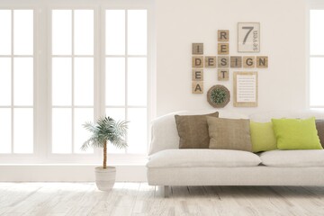White living room with sofa. Scandinavian interior design. 3D illustration