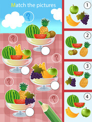 Matching game, education game for children. Puzzle for kids. Match by elements. Vases with fruits and berries. Grape, apple, kiwi, watermelon, banana, pineapple