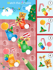 Matching game, education game for children. Puzzle for kids. Match by elements. Christmas Socks or Christmas boots with gifts, toys and sweets