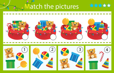 Matching game, education game for children. Puzzle for kids. Match by elements. Santa Claus bag with gifts, toys and sweets. Christmas. New year. Worksheet for preschoolers