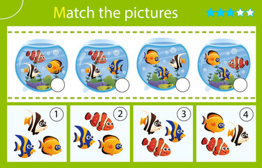 Matching game, education game for children. Puzzle for kids. Match by elements. Aquarium fishes. Clownfish, guppy, angelfish. Worksheet for preschoolers