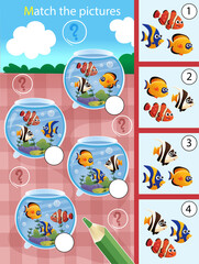 Matching game, education game for children. Puzzle for kids. Match by elements. Aquarium fishes. Clownfish, guppy, angelfish. Worksheet for preschoolers