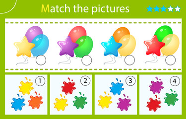Match by color. Puzzle for kids. Matching game, education game for children. Multicolor balloons. Worksheet for preschoolers.