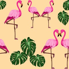 Hand drawn illustrations set of flamingos design for seamless pattern 