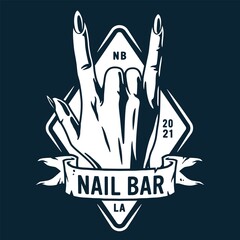 Emblem with woman wrist rock sign. Female hand with rock and roll fingers for nail bar and beauty studio. Fashion, trendy style of fingernails
