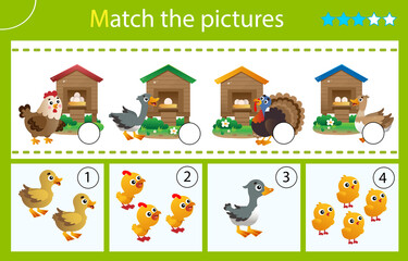 Matching game, education game for children. Puzzle for kids. Which house are the nestlings from? Eggs and chicks. Worksheet for preschoolers