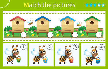 Match by color. Puzzle for kids. Matching game, education game for children. Bees and beehives. Worksheet for preschoolers