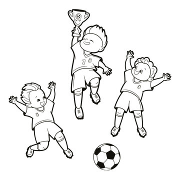 Coloring book; boys-football players rejoice at the victory in the match, the captain holds the champion's cup in his hands. Vector illustration in cartoon style, black and white line art