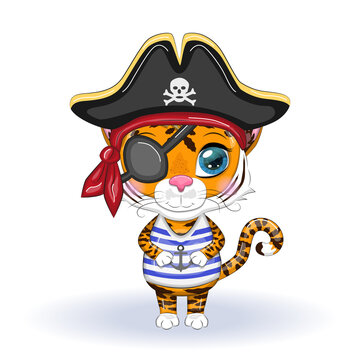 Cute cartoon tiger with beautiful eyes in the image of a pirate. Illustrations for Chinese New Year 2022, Year of the Tiger. Lunar new year 2022.
