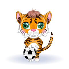 Cute cartoon tiger with beautiful orange eyes with a soccer ball. Illustrations for Chinese New Year 2022, Year of the Tiger. Lunar new year 2022.