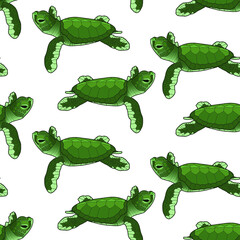 Seamless background. Little green turtles isolated on white background. Realistic design.