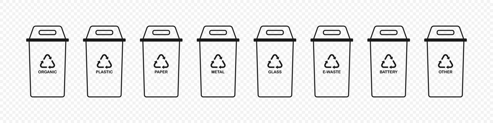 Recycle bins. Recycle garbage symbols. Separation recycle bins collection. Trash bin icons. Vector illustration
